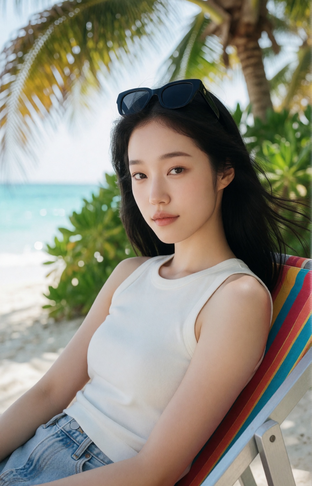 luxury tropical beach editorial,  strikingly beautiful young Korean woman,  captivating beauty on Tensor.Art