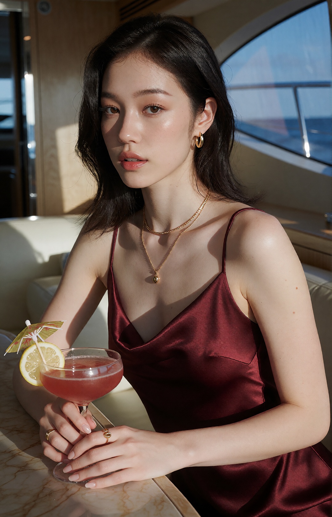 luxury evening fashion editorial,  naturally elegant young korean woman,  sitting on a cream leather couch in a yacht cabi...