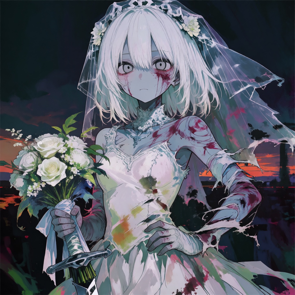A masterpiece anime-style illustration of a zombie girl as a sacrificial bride,  shown in an upper body close-up from the...