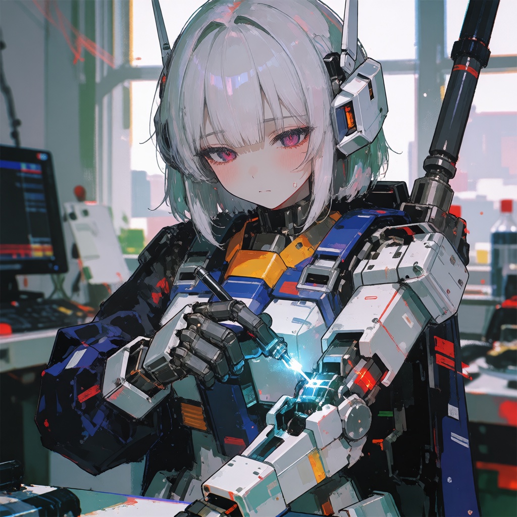 mecha girl fixing her broken arm,  face full of tears,  sad face on Tensor.Art