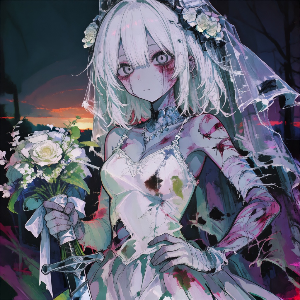 A masterpiece anime-style illustration of a zombie girl as a sacrificial bride,  shown in an upper body close-up from the...