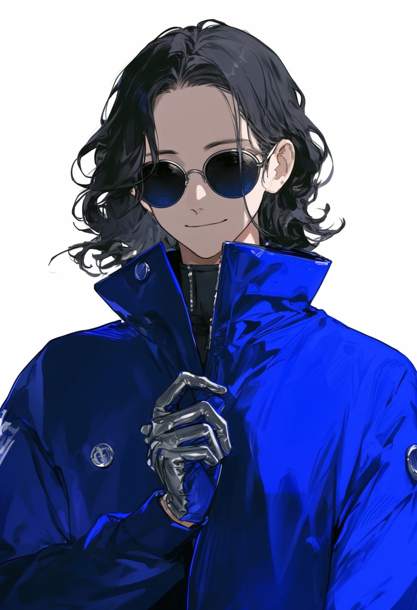 Smiling,  pixiv anime illustration of an androgynous person with shoulder-length wavy black hair,  wearing a blue cyberpun...