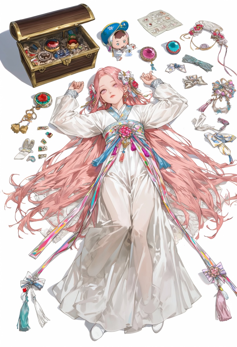 A detailed illustration of cute anime characters surrounded by various items,  including and accessories. The character is...