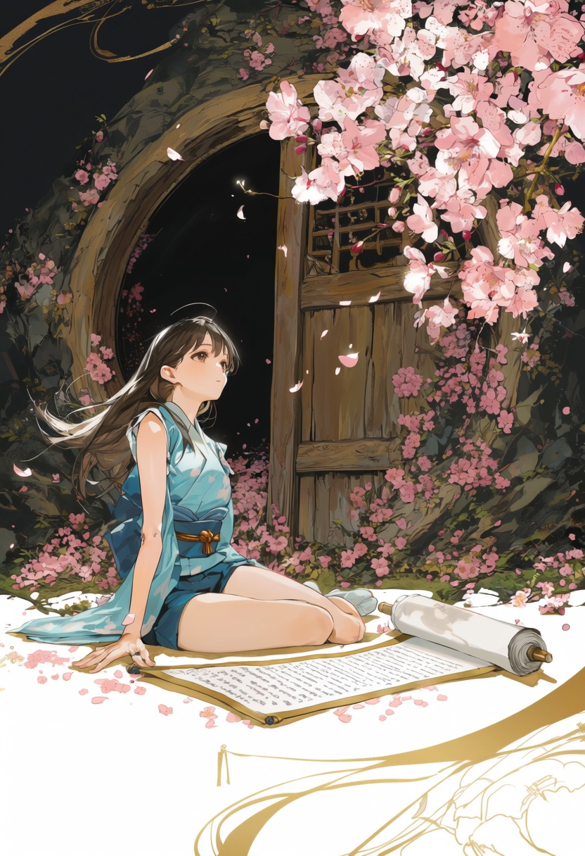 A beautiful Japanese girl in short blue is sitting on the ground,  with cherry blossoms floating next to her and hanging f...