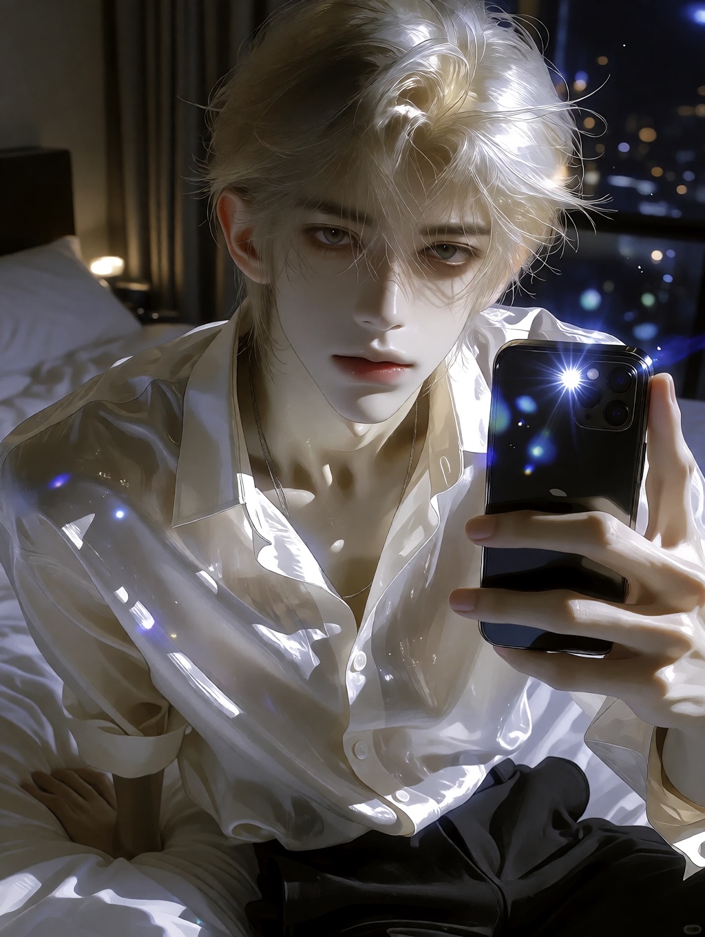 A highly detailed photorealistic portrait of a stunningly handsome young man in his early 20s with delicate East Asian fea...
