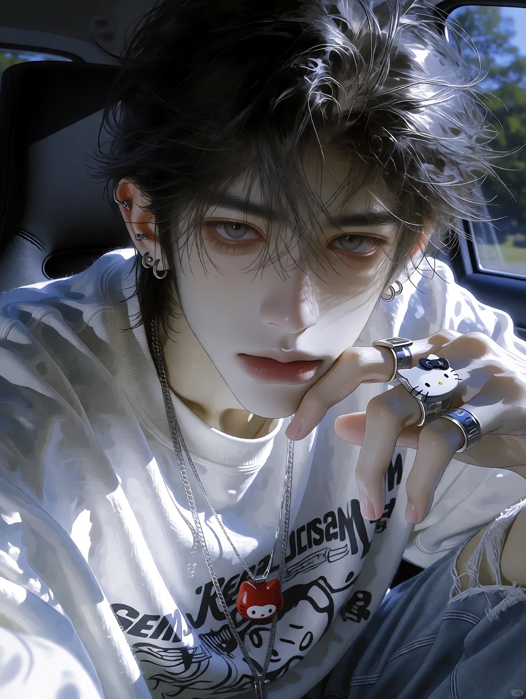 A highly detailed photorealistic close-up portrait of a strikingly handsome young East Asian man in his late teens or earl...