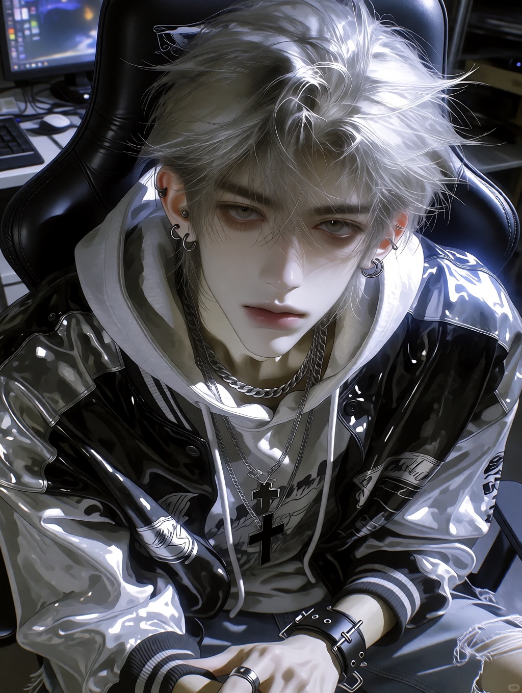 A highly detailed digital illustration close-up portrait of a strikingly handsome young East Asian man in his late teens o...