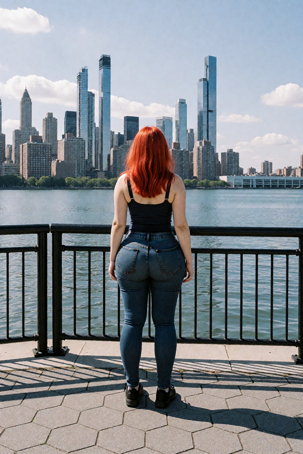 A woman with fiery-red hair stands facing away from the camera,  looking out over a body of water toward a distant city sk...