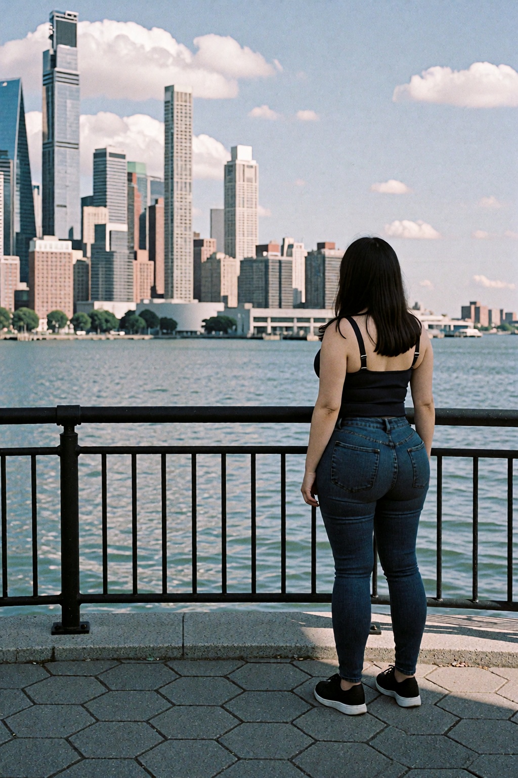 A woman with dark hair stands facing away from the camera,  looking out over a body of water toward a distant city skyline...