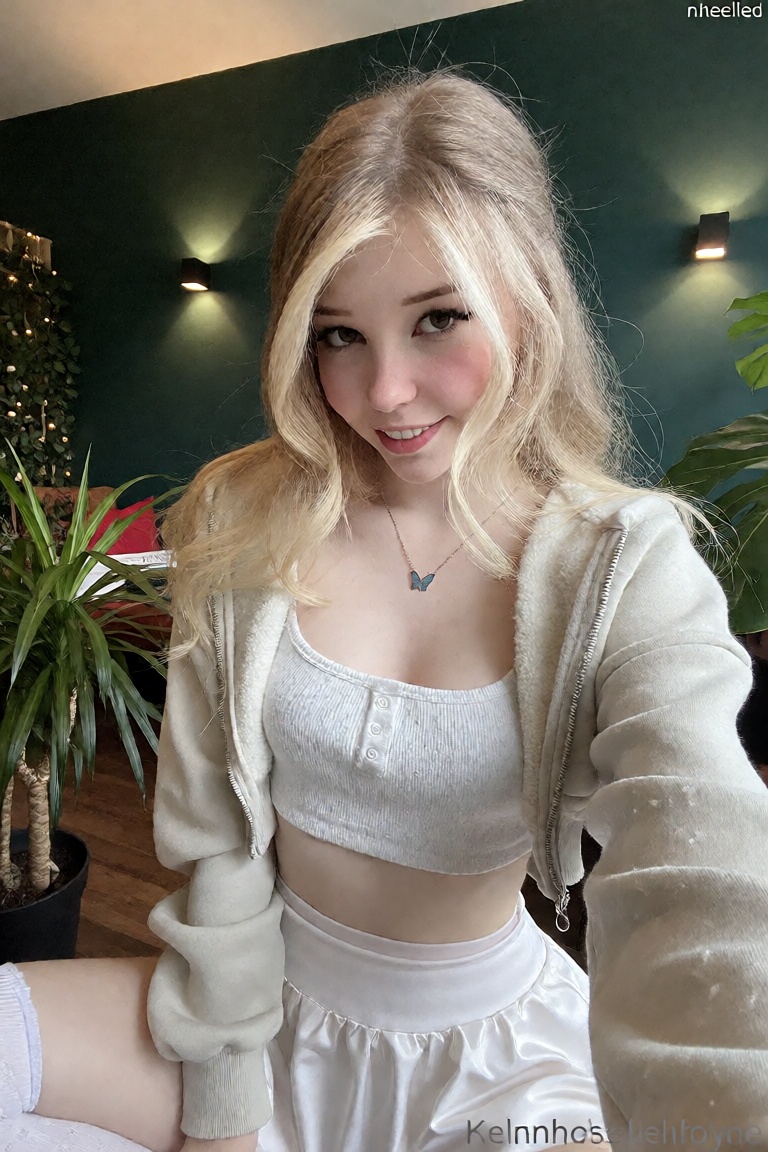Blonde hair,  The image shows a young woman sitting indoors,  surrounded by lush green plants. She is wearing a white crop...