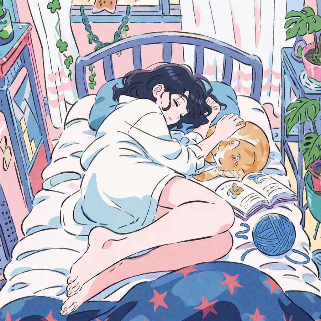 Create a detailed-anime scene where a 1girl is sleeping on her side,  her short hair gently falling over her shoulders. Sh...