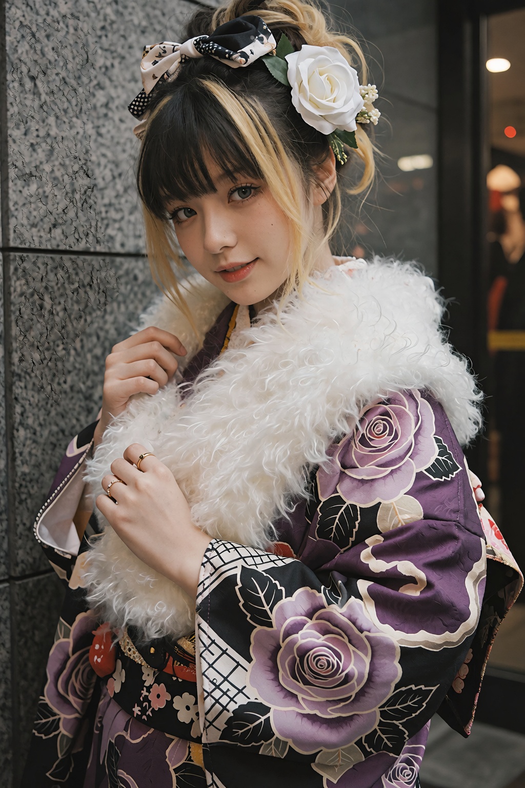 一位年轻女性身着华丽和服,  以半身特写姿态呈现,  她微微侧头看向镜头 on Tensor.Art