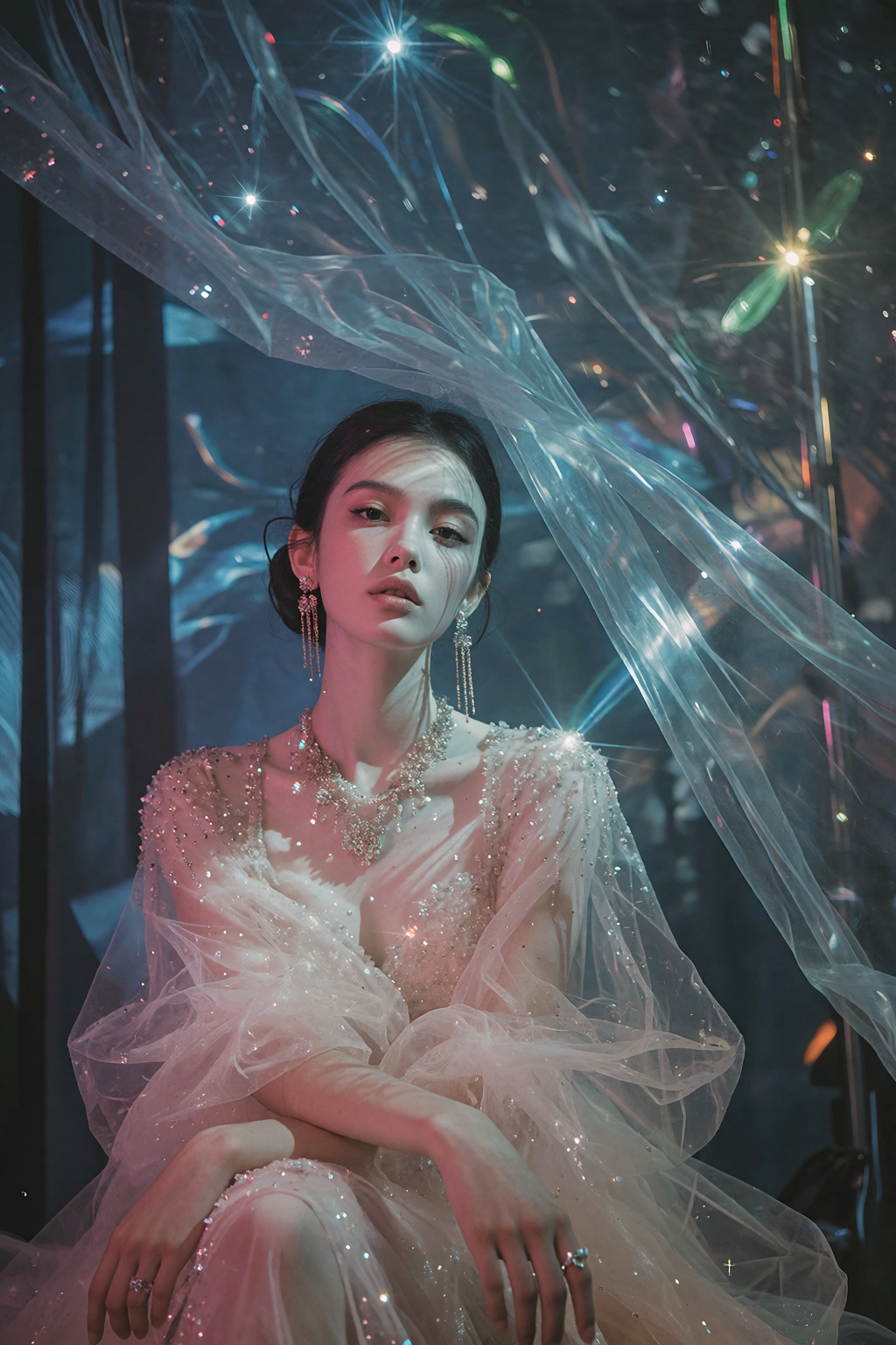一位年轻女性端坐于画面中央,  身着一件缀满细密水晶与亮片的粉色透明薄纱礼服,  裙摆宽大蓬松如云朵般垂落 on Tensor.Art