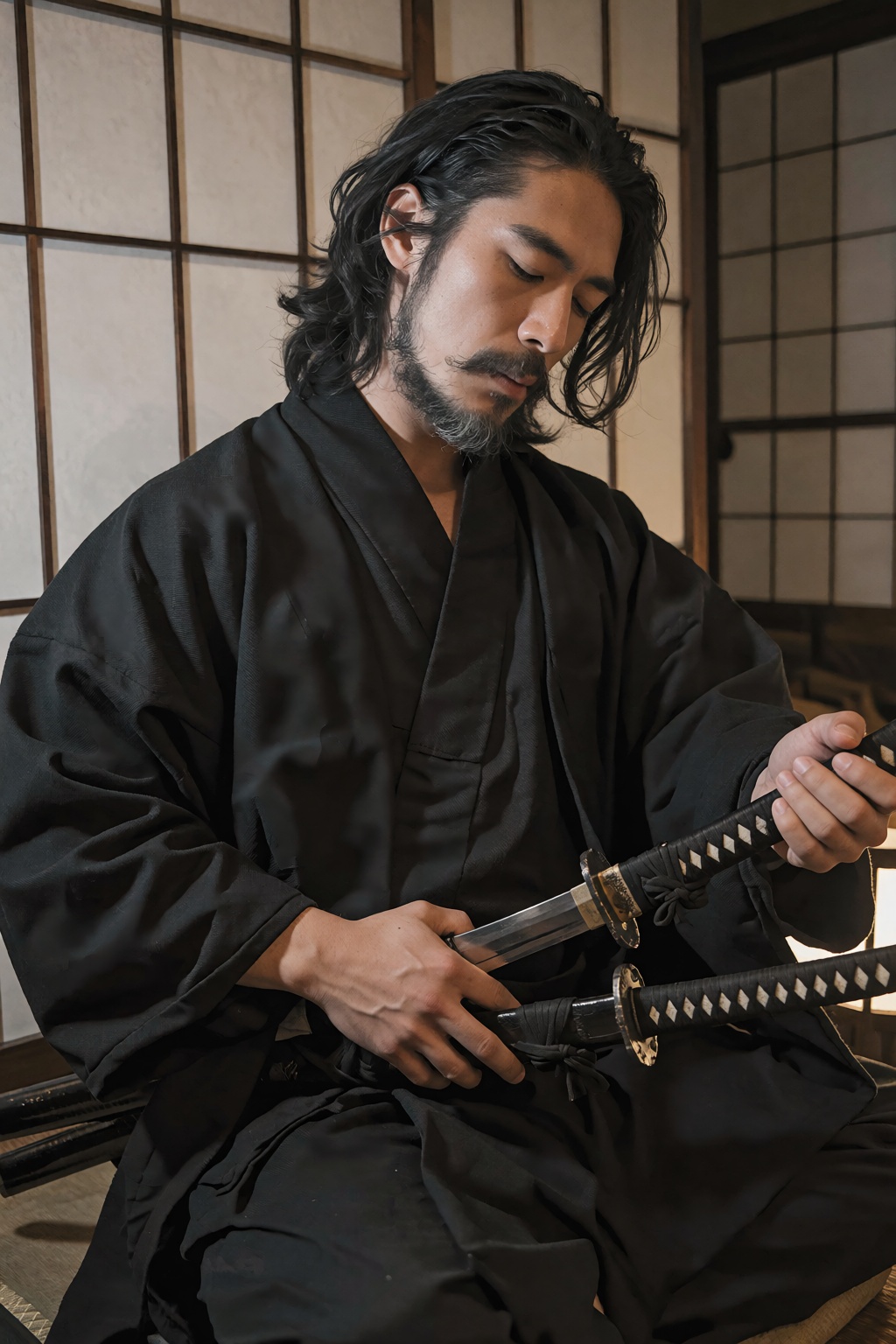 这张近景人像照片展示了一名成熟的亚裔男性,  他留着深黑色及肩长卷发,  头发略显凌乱自然 on Tensor.Art