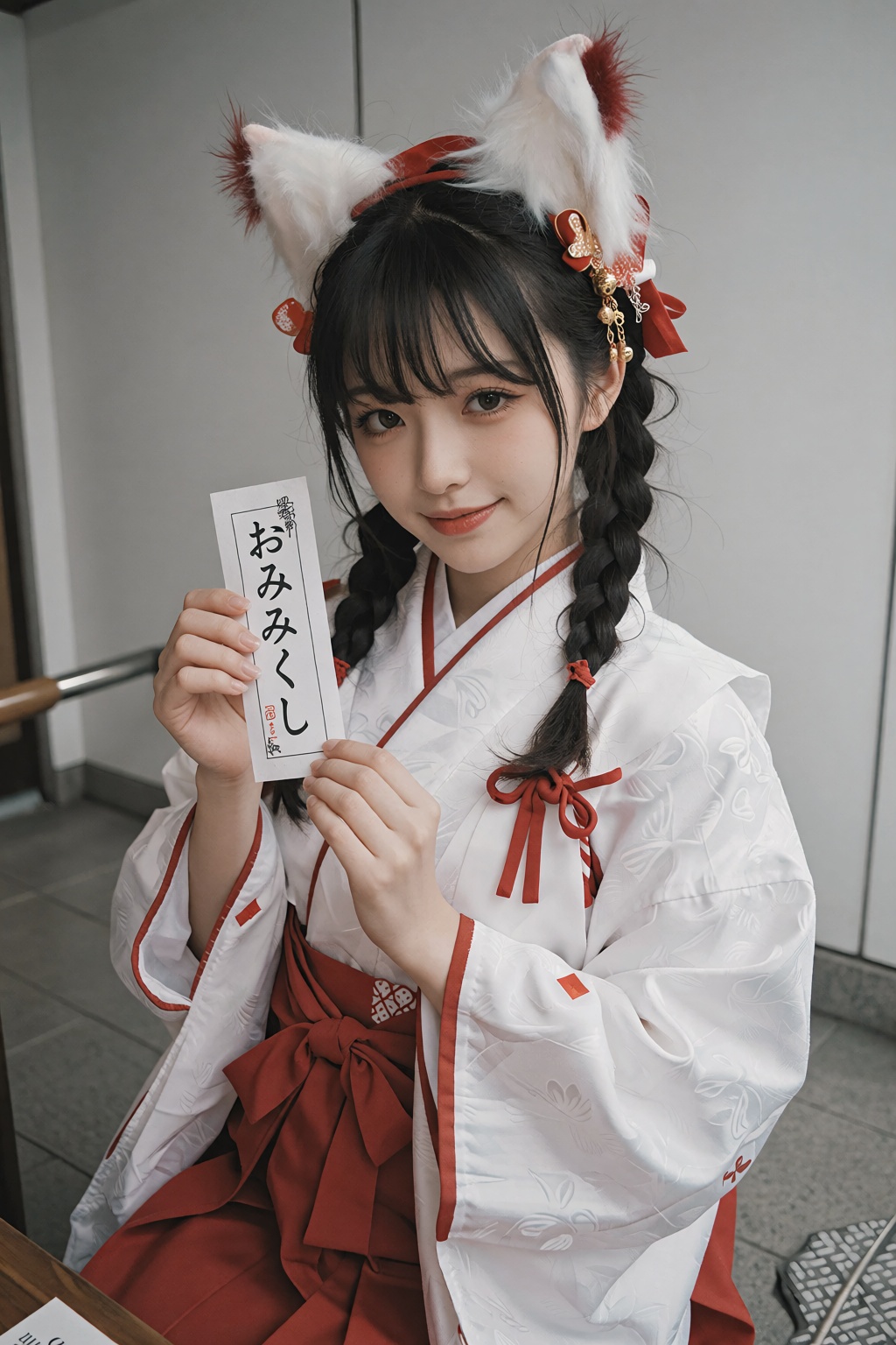 一位年轻女性身着传统日本巫女服饰,  白色和服外袍配以鲜艳的红色内衬与腰带,  袖口与领口边缘饰有红色滚边 on Tensor.Art