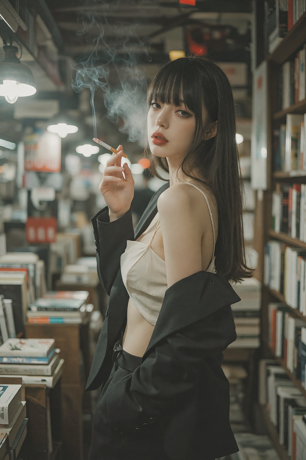 这张侧拍图展现了一位长发东亚女性,  她留着整齐的平刘海,  深棕色长直发垂至腰间 on Tensor.Art
