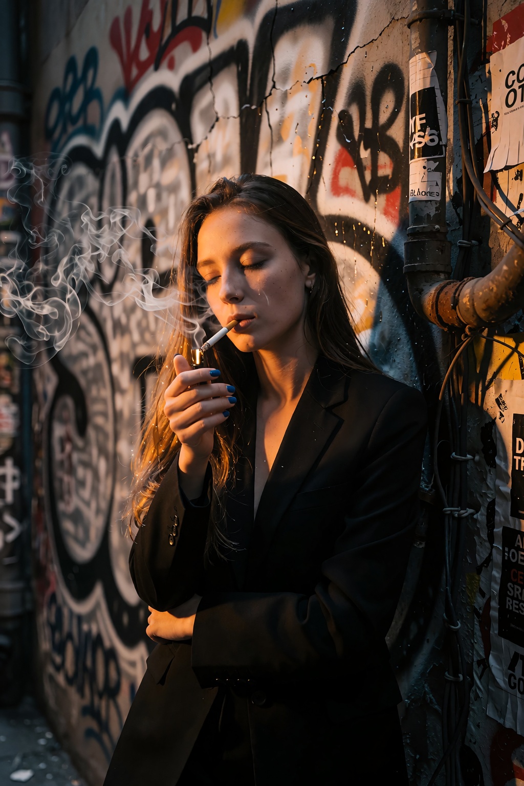 A young woman stands in the shadowed corner of a narrow alleyway,  her figure framed by a 50mm lens with shallow depth of...