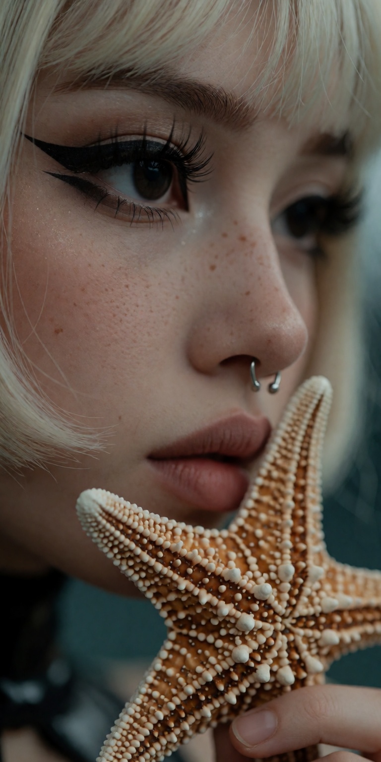starfish theme,  ,  gently holding a detailed textured starfish near cheek on Tensor.Art