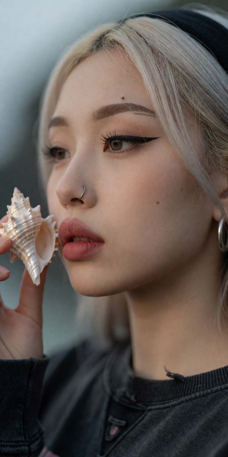 seashell theme,  ,  gently holding a shiny delicate seashell near cheek on Tensor.Art