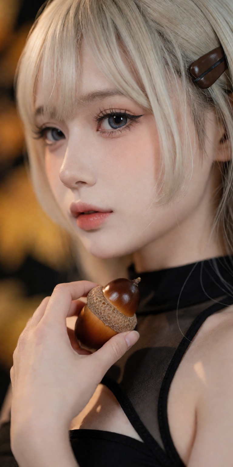 acorn theme,  ,  gently holding a detailed glossy acorn near collarbone on Tensor.Art