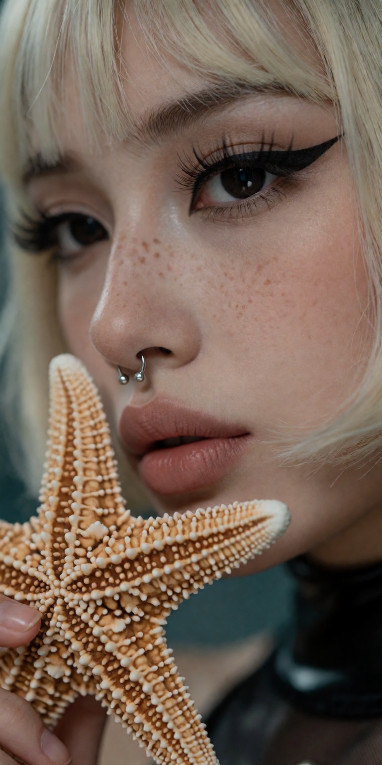 starfish theme,  ,  gently holding a detailed textured starfish near cheek on Tensor.Art