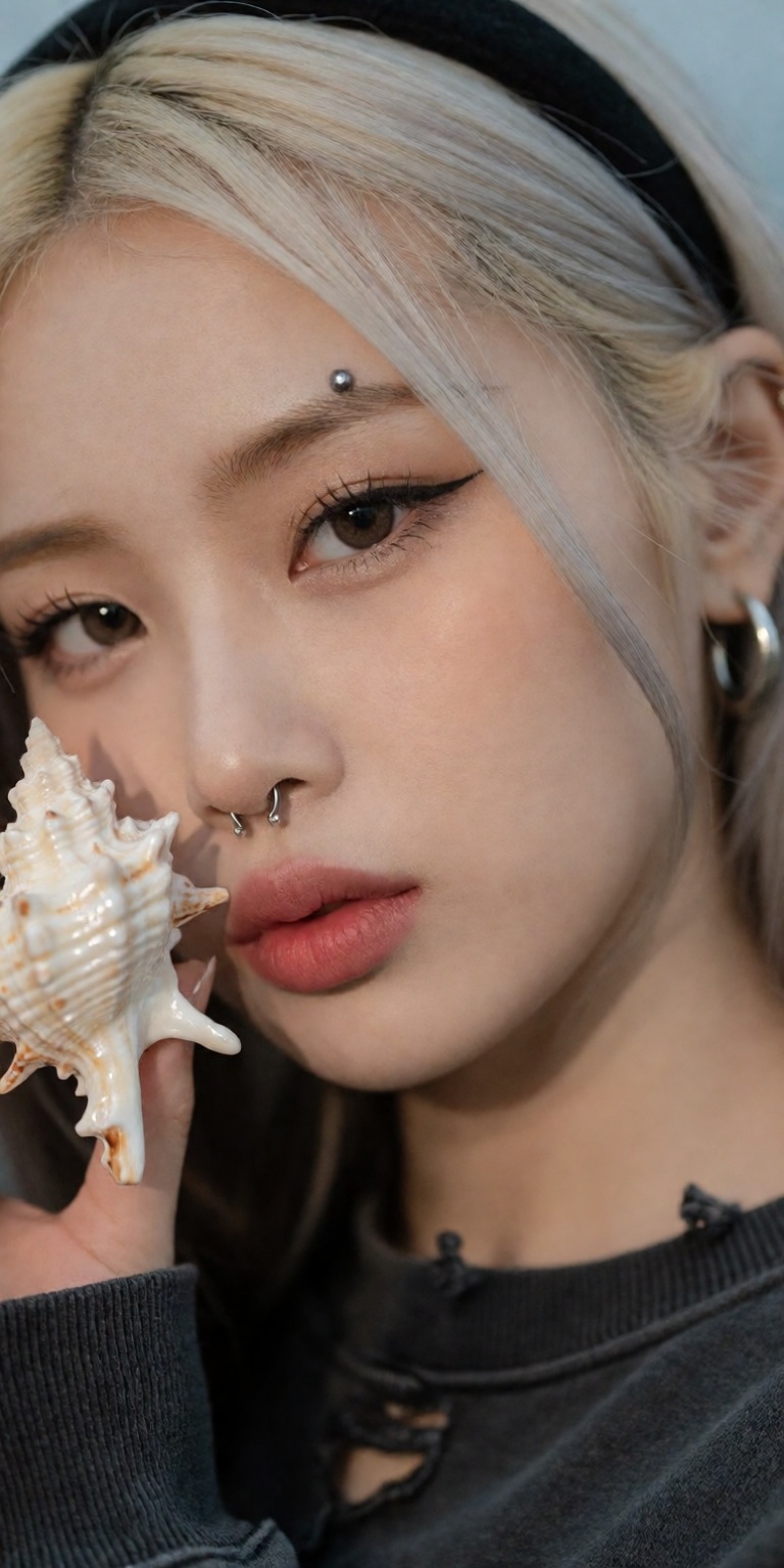 seashell theme,  ,  gently holding a shiny delicate seashell near cheek on Tensor.Art