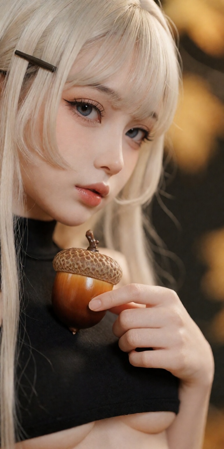 acorn theme,  ,  gently holding a detailed glossy acorn near collarbone on Tensor.Art