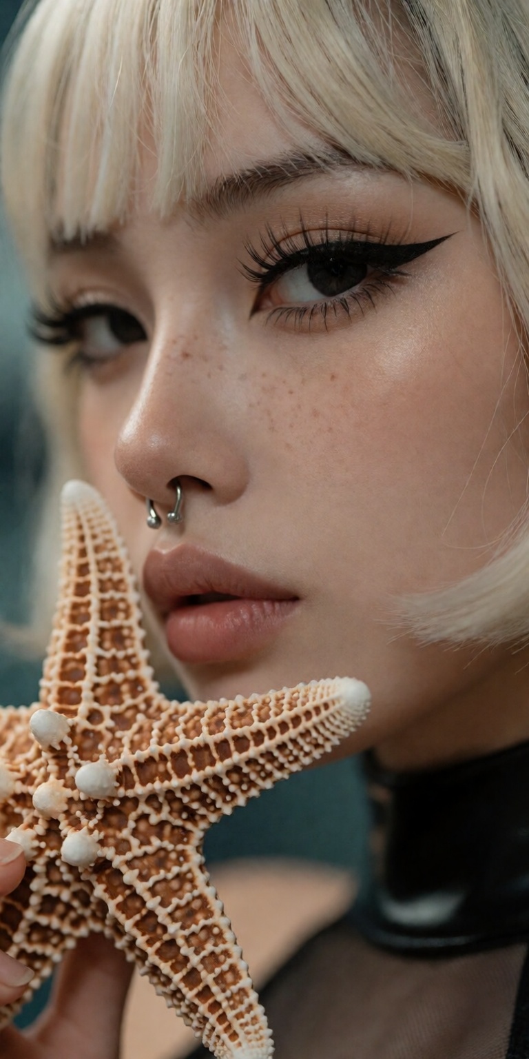 starfish theme,  ,  gently holding a detailed textured starfish near cheek on Tensor.Art