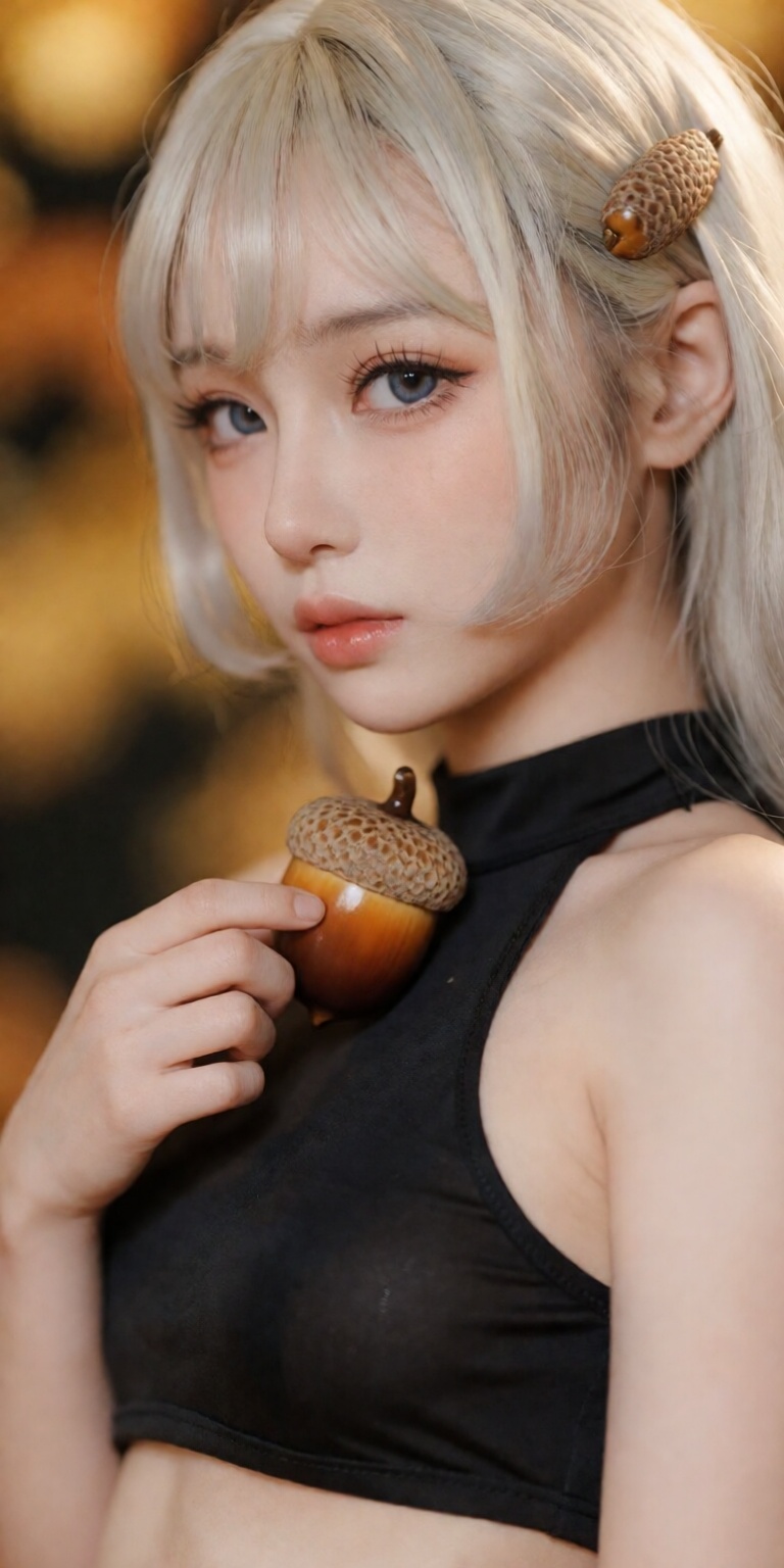 acorn theme,  ,  gently holding a detailed glossy acorn near collarbone on Tensor.Art