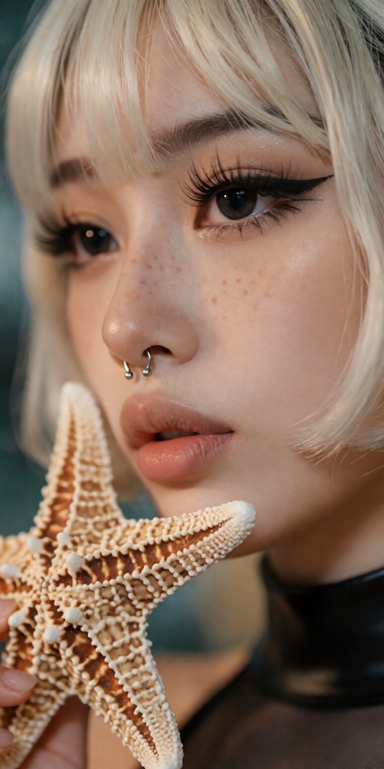 starfish theme,  ,  gently holding a detailed textured starfish near cheek on Tensor.Art