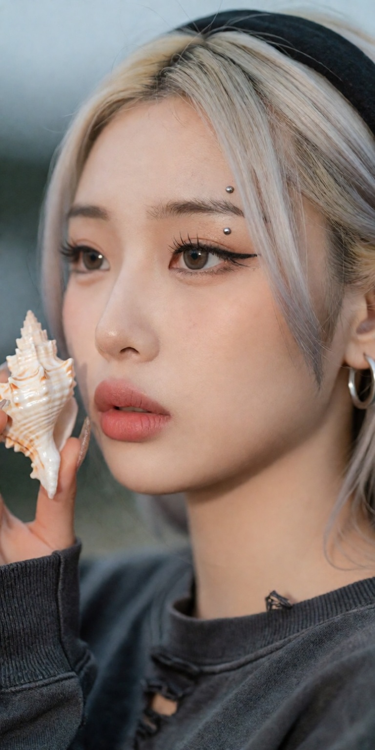 seashell theme,  ,  gently holding a shiny delicate seashell near cheek on Tensor.Art