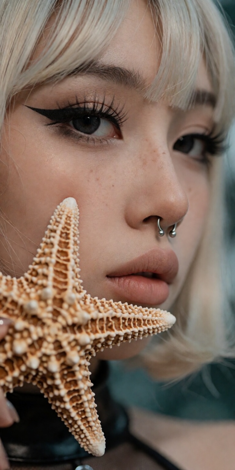 starfish theme,  ,  gently holding a detailed textured starfish near cheek on Tensor.Art
