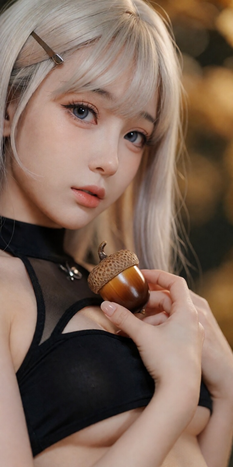 acorn theme,  ,  gently holding a detailed glossy acorn near collarbone on Tensor.Art