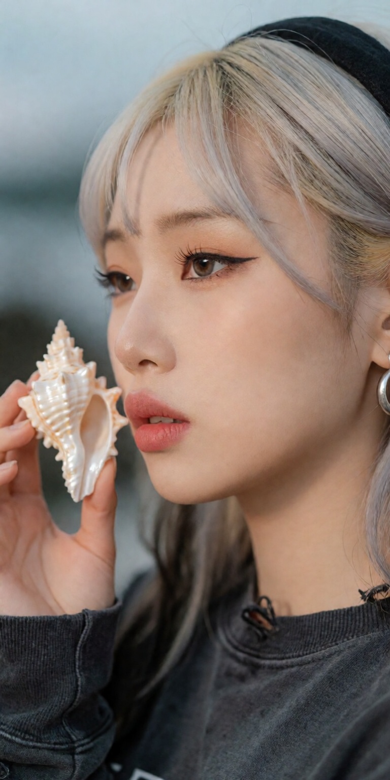 seashell theme,  ,  gently holding a shiny delicate seashell near cheek on Tensor.Art