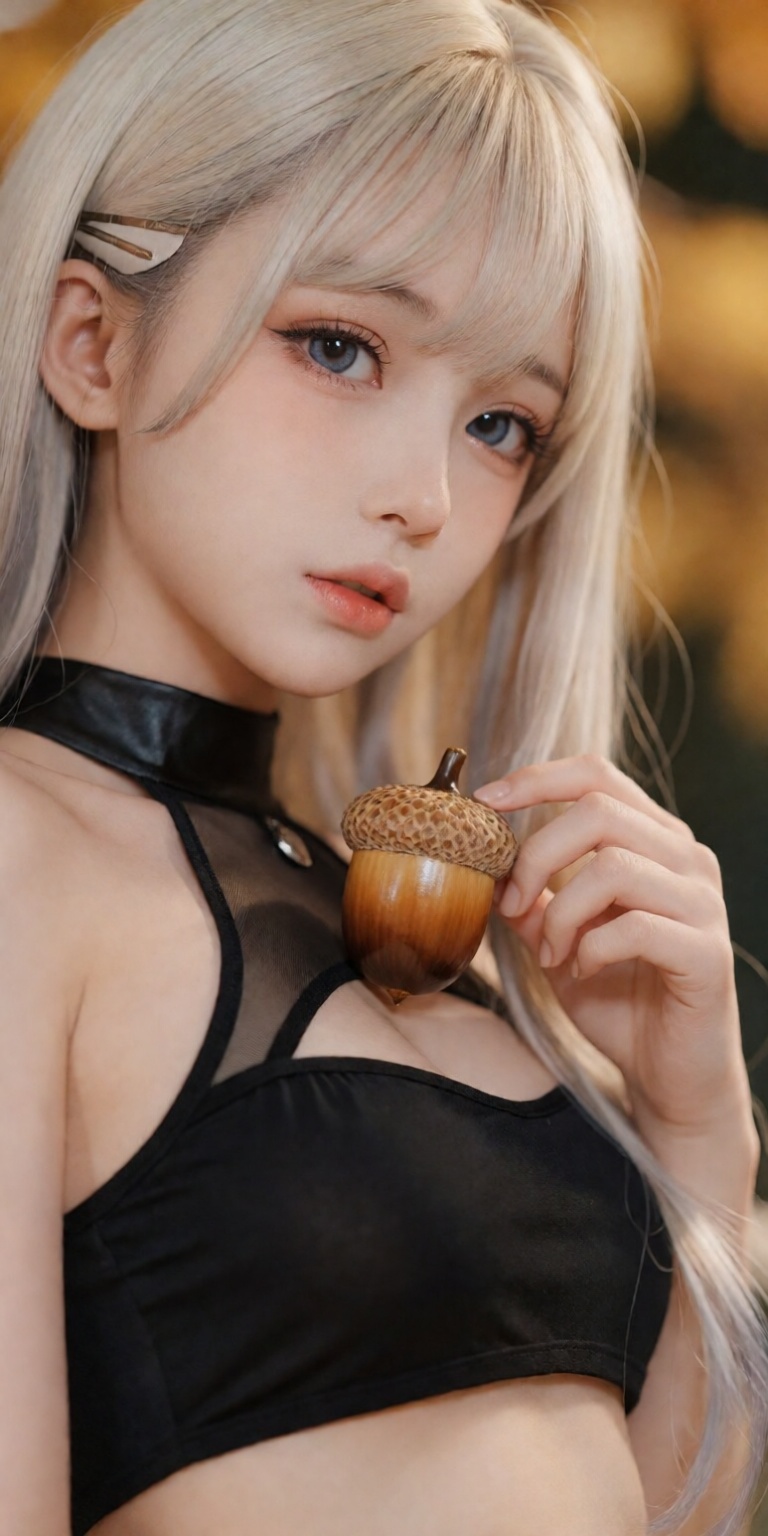 acorn theme,  ,  gently holding a detailed glossy acorn near collarbone on Tensor.Art