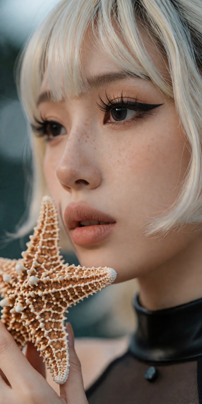 starfish theme,  ,  gently holding a detailed textured starfish near cheek on Tensor.Art