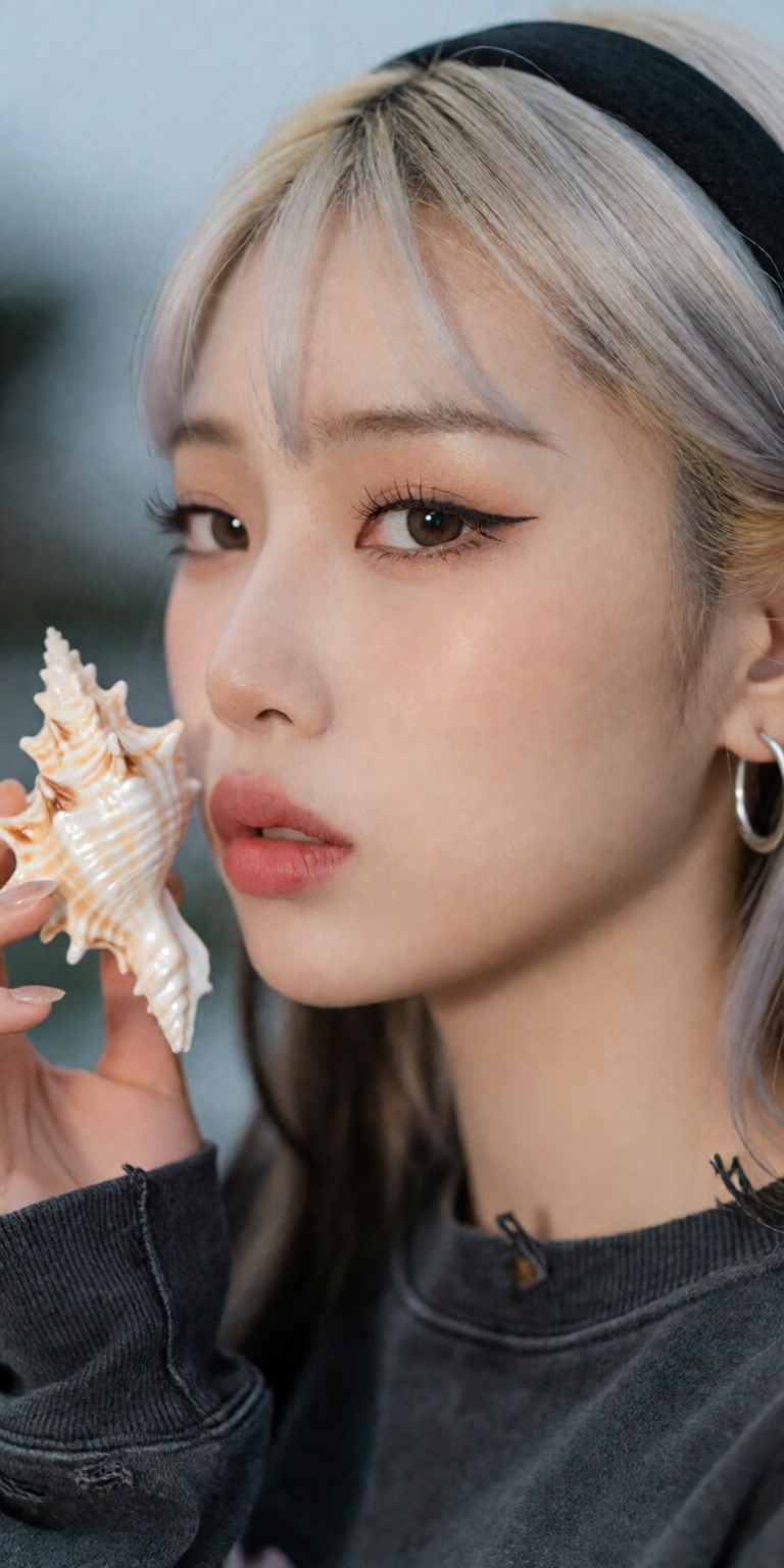 seashell theme,  ,  gently holding a shiny delicate seashell near cheek on Tensor.Art