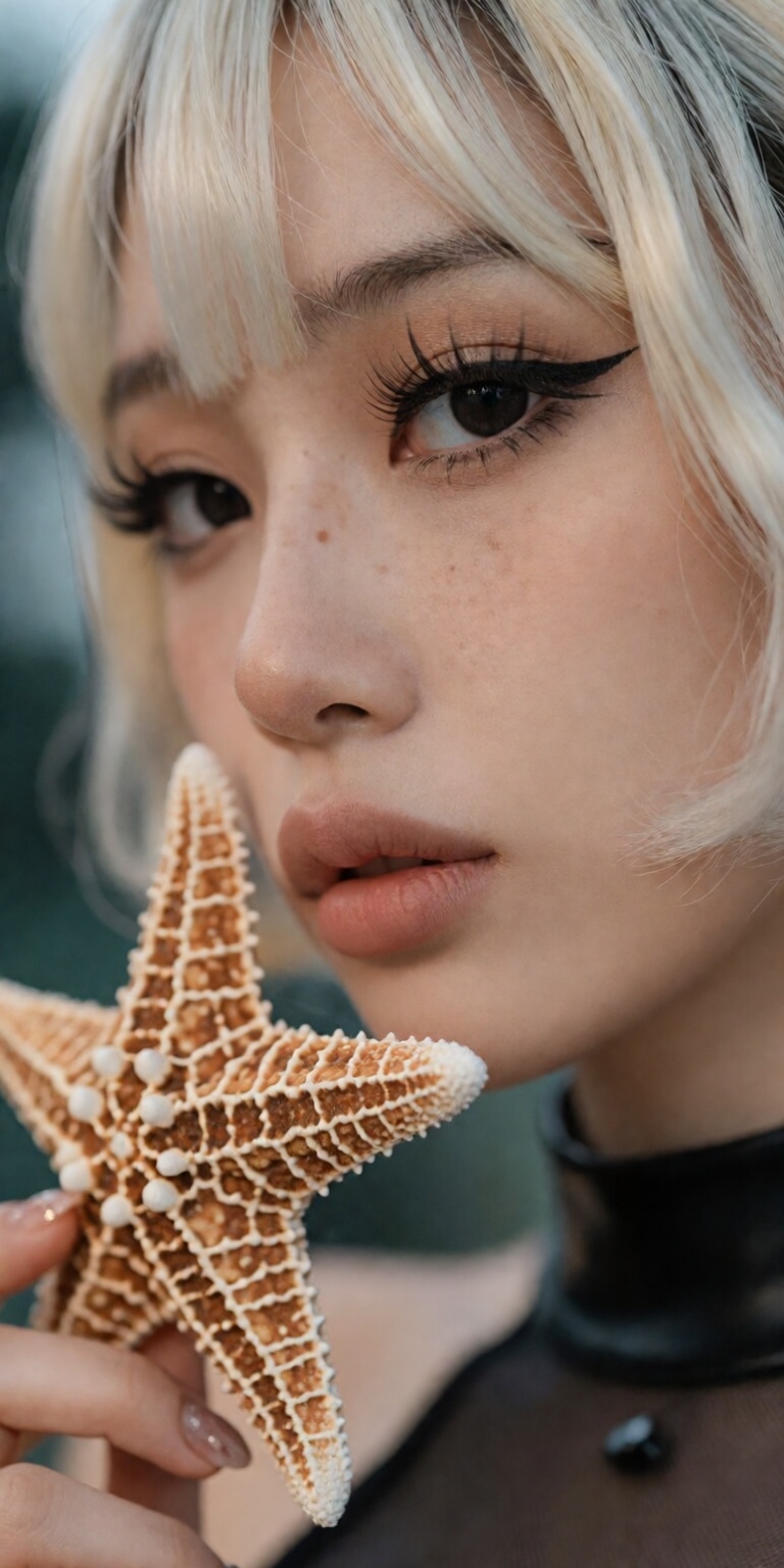 starfish theme,  ,  gently holding a detailed textured starfish near cheek on Tensor.Art