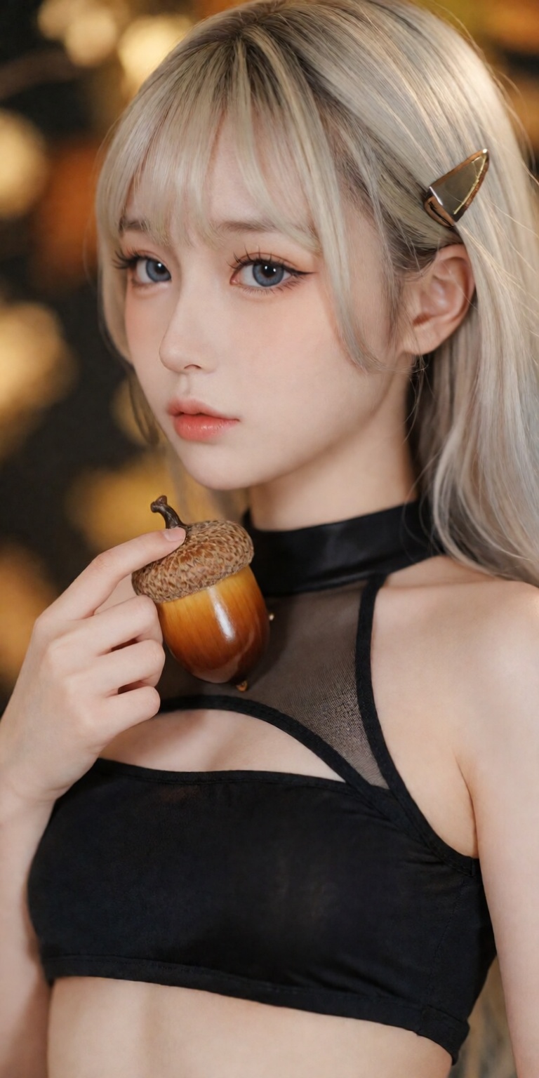 acorn theme,  ,  gently holding a detailed glossy acorn near collarbone on Tensor.Art