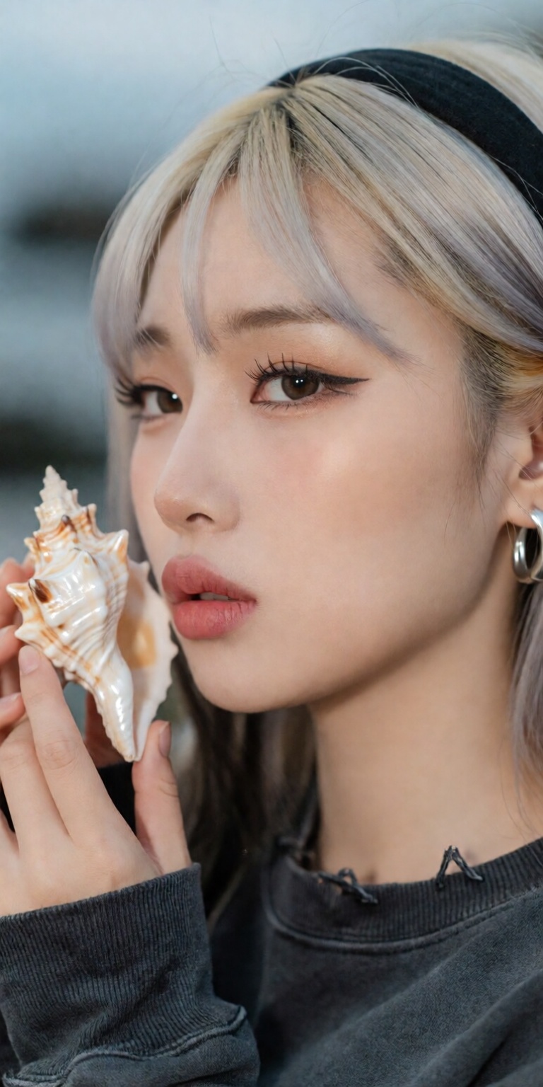 seashell theme,  ,  gently holding a shiny delicate seashell near cheek on Tensor.Art