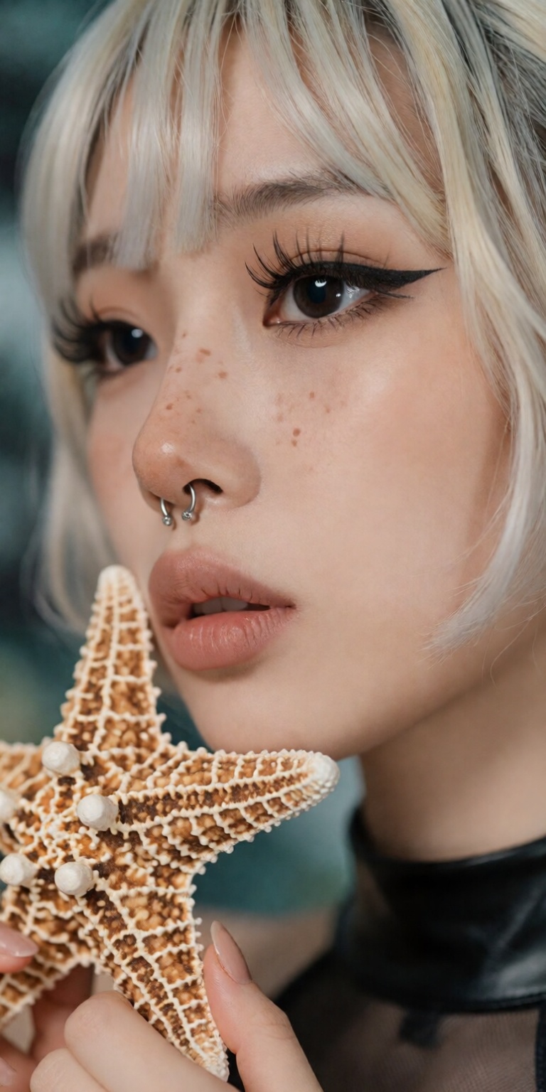 starfish theme,  ,  gently holding a detailed textured starfish near cheek on Tensor.Art