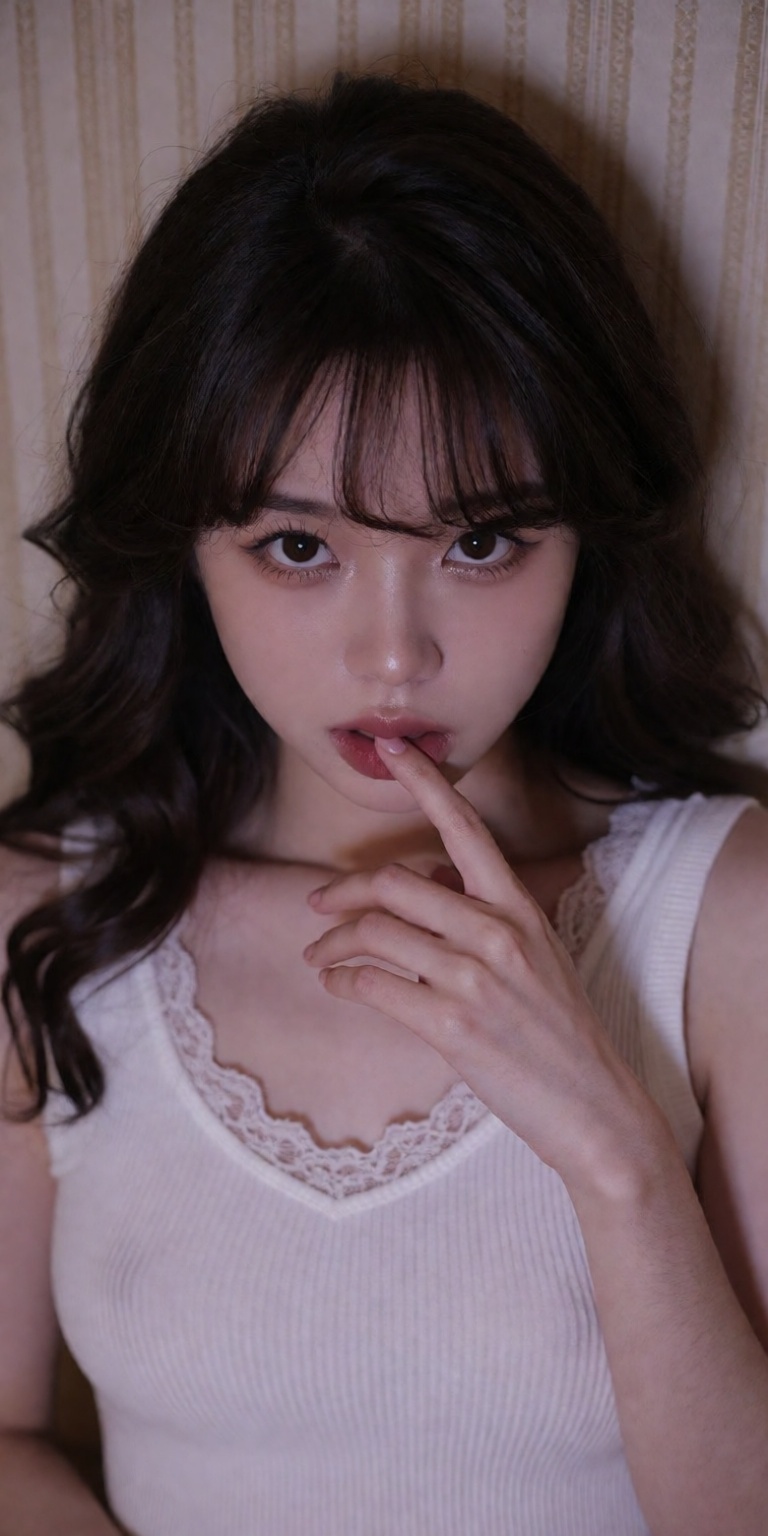 looking up directly into camera,  finger touching glossy lower lip, on Tensor.Art