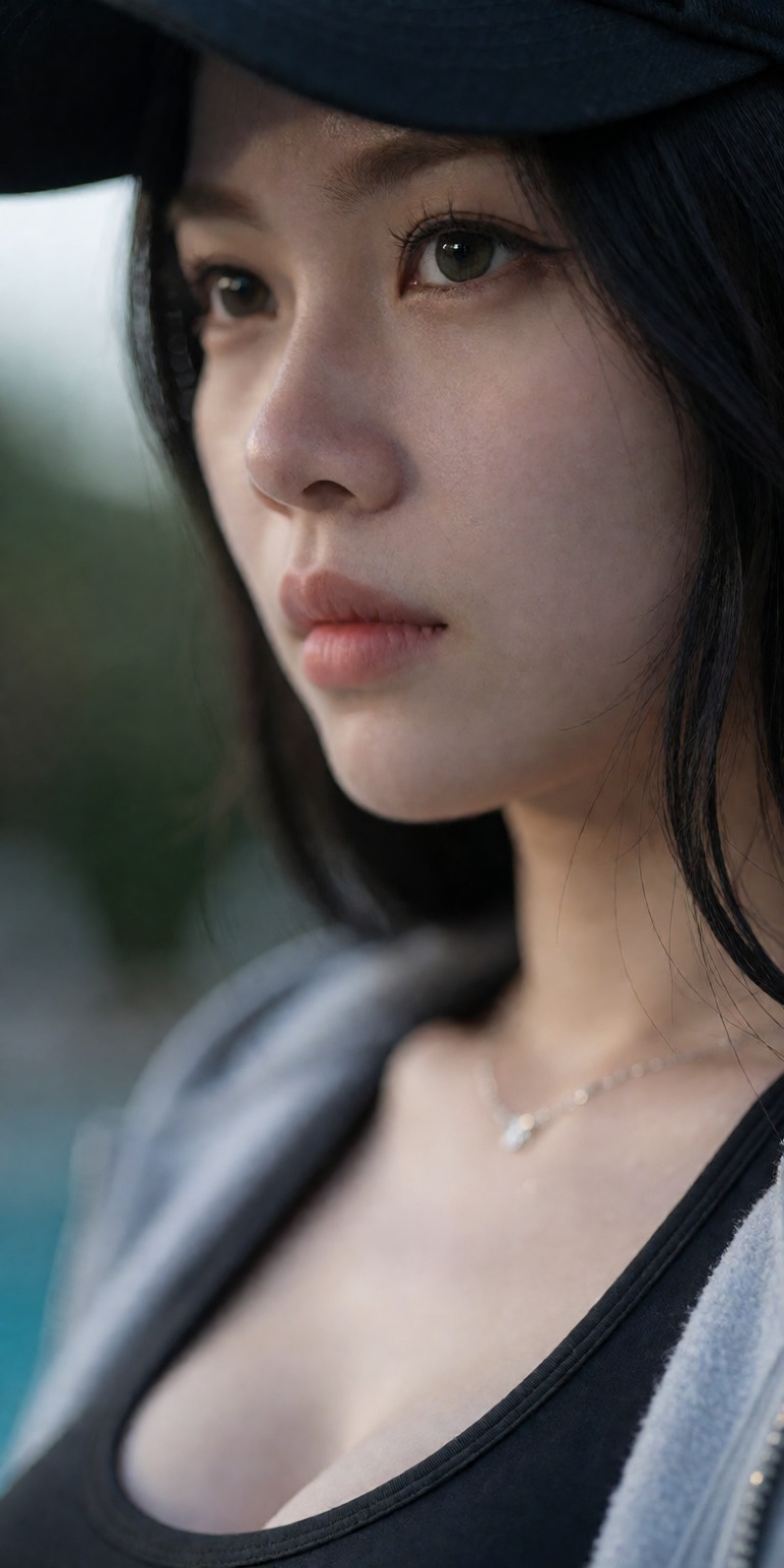 outdoor blurred resort bokeh background,  soft rim lighting contouring face,  85mm f/1.2 DSLR portrait lens on Tensor.Art
