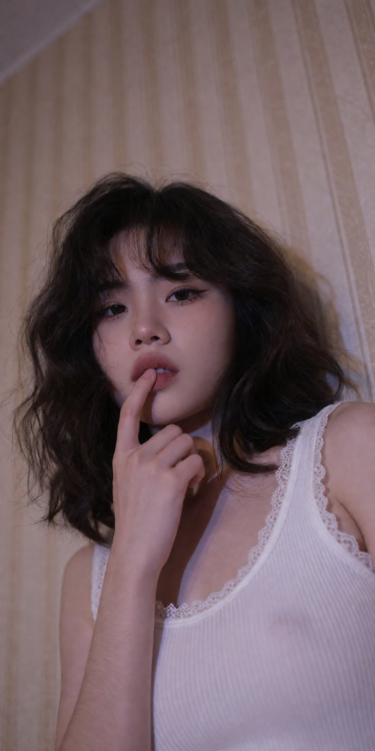 leaning slightly forward,  finger gently touching lower lip,  poised casual pose on Tensor.Art