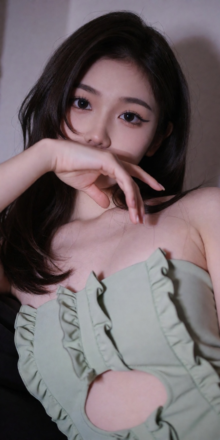 leaning forward towards lens,  resting chin on hand obscuring mouth and lower face,  elongated pose on Tensor.Art