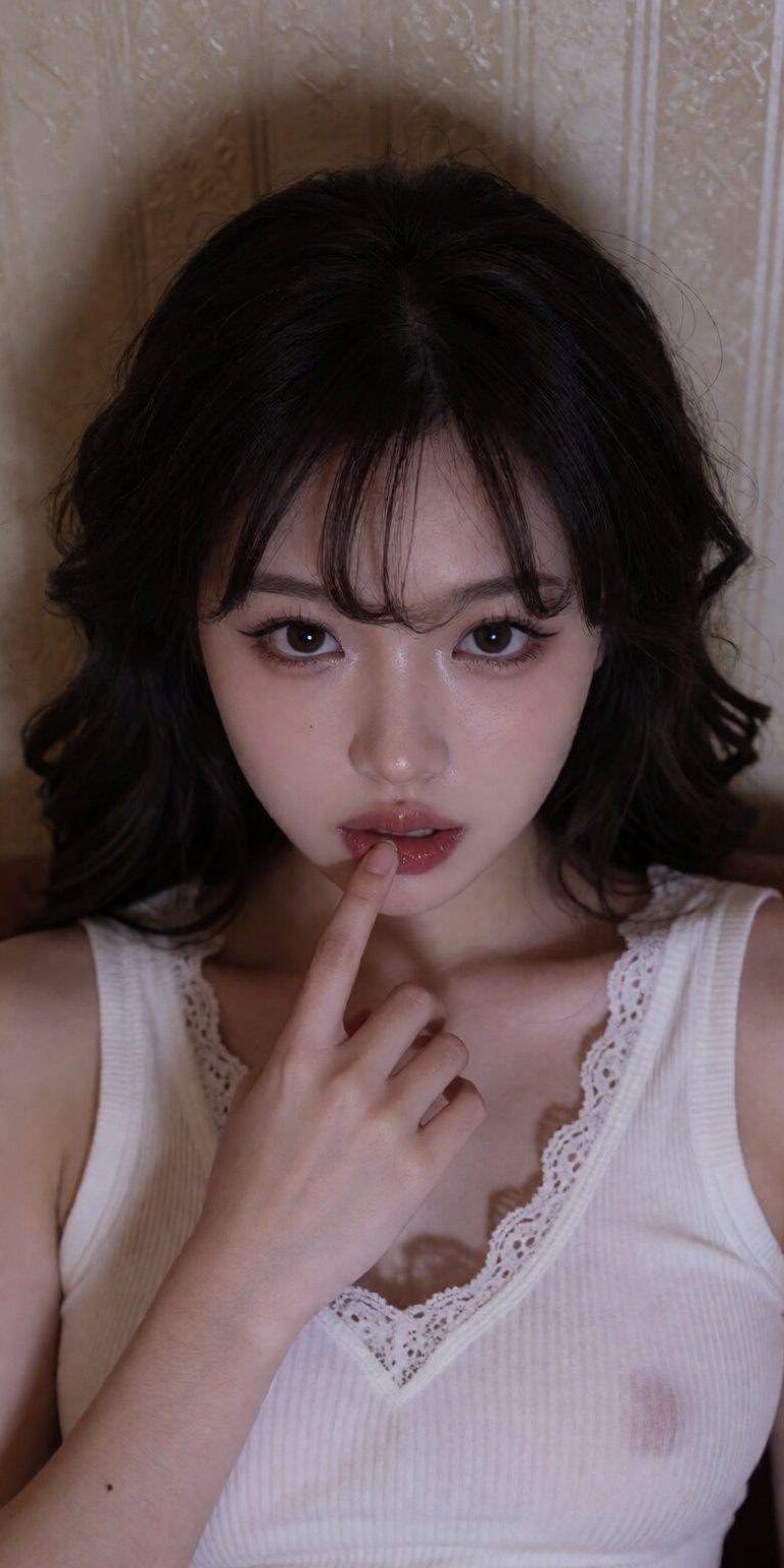 looking up directly into camera,  finger touching glossy lower lip, on Tensor.Art