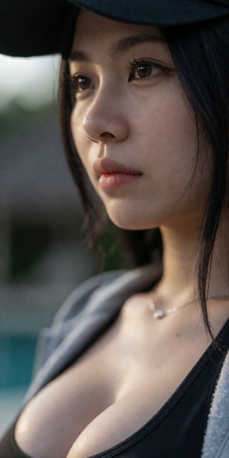 outdoor blurred resort bokeh background,  soft rim lighting contouring face,  85mm f/1.2 DSLR portrait lens on Tensor.Art