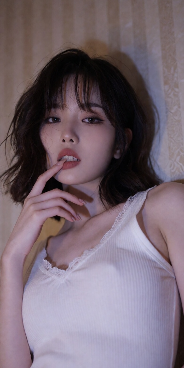 leaning slightly forward,  finger gently touching lower lip,  poised casual pose on Tensor.Art