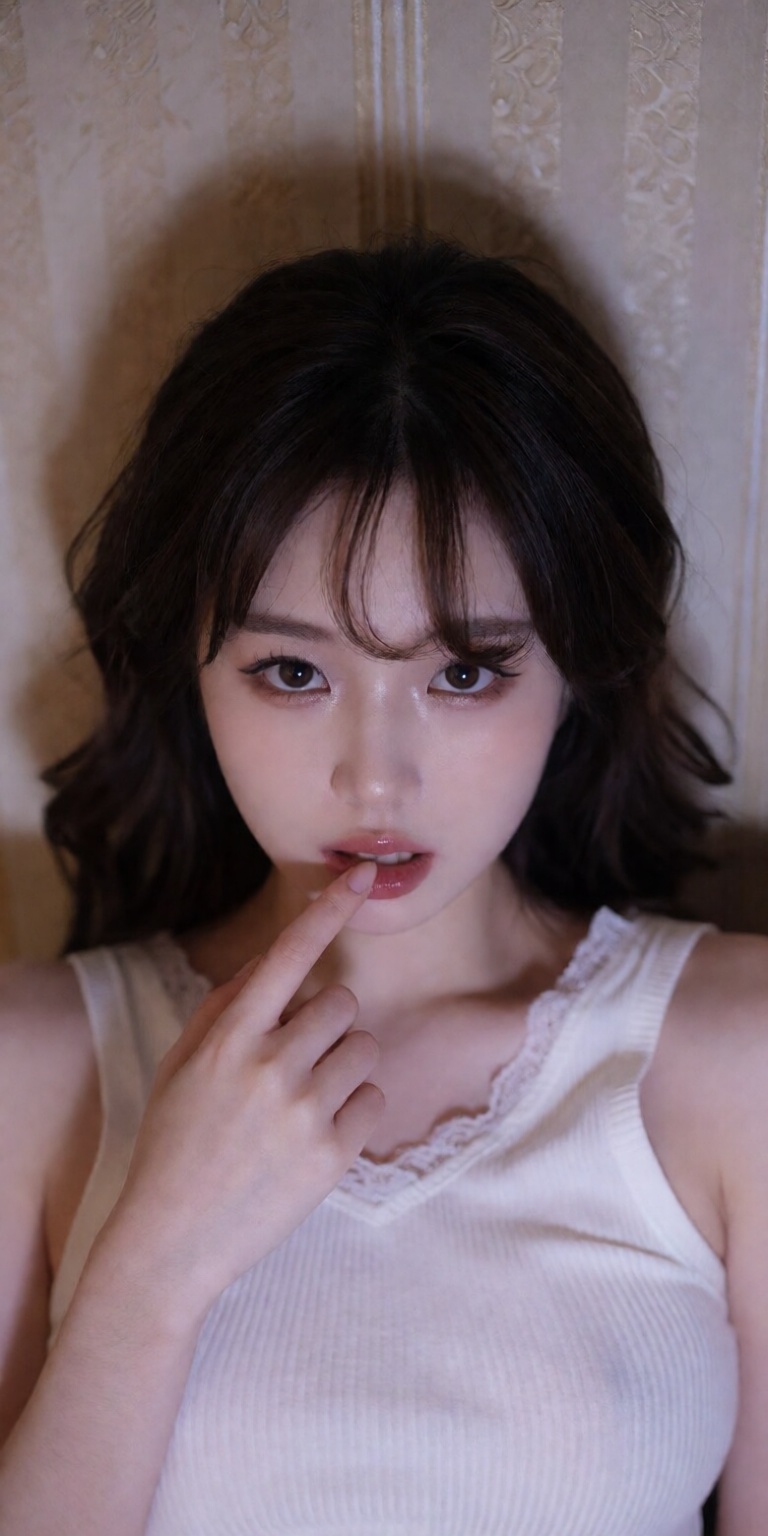 looking up directly into camera,  finger touching glossy lower lip, on Tensor.Art