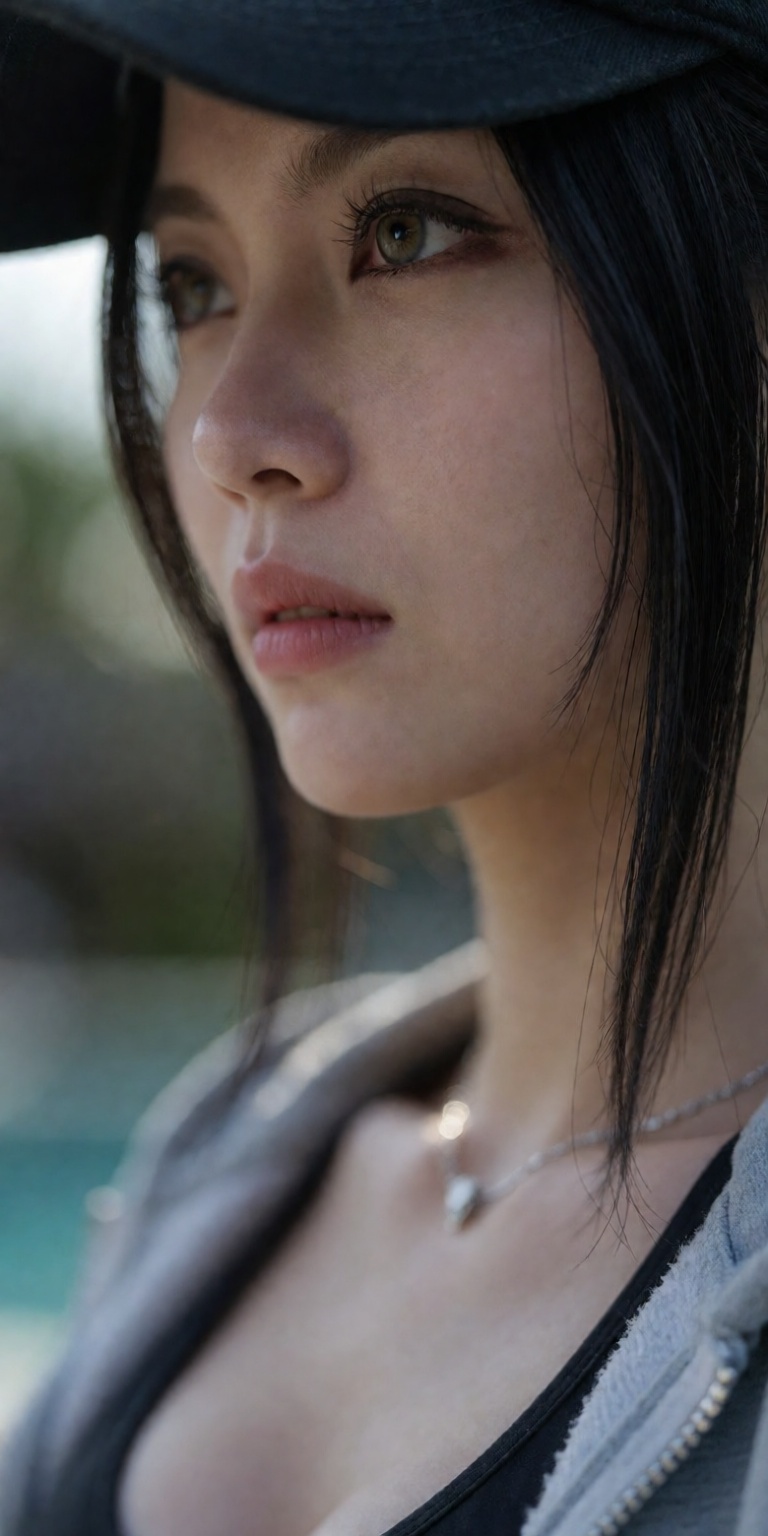 outdoor blurred resort bokeh background,  soft rim lighting contouring face,  85mm f/1.2 DSLR portrait lens on Tensor.Art